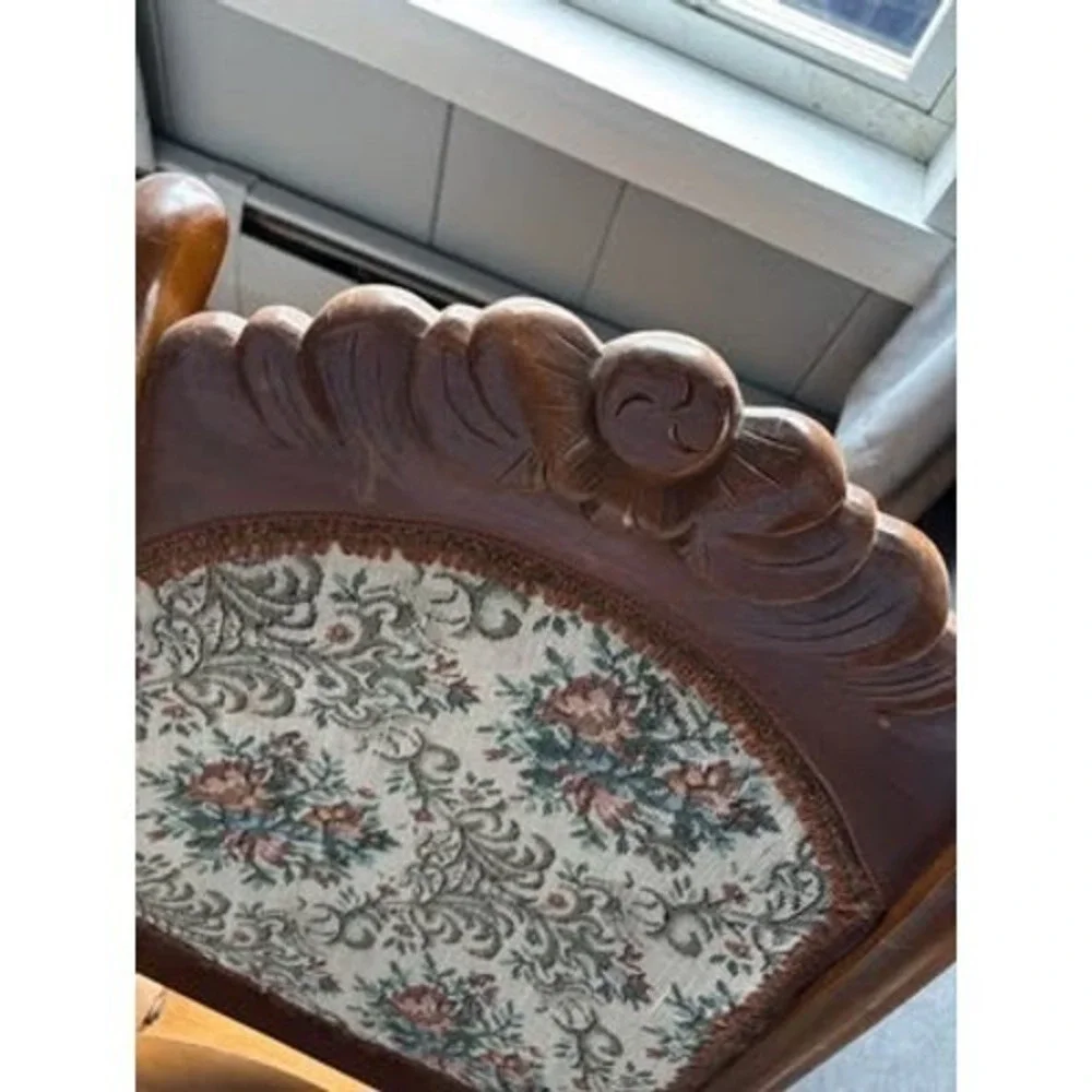 Vintage Folding Rocking Chair Wood Carved Floral Tapestry Upholstered Portable